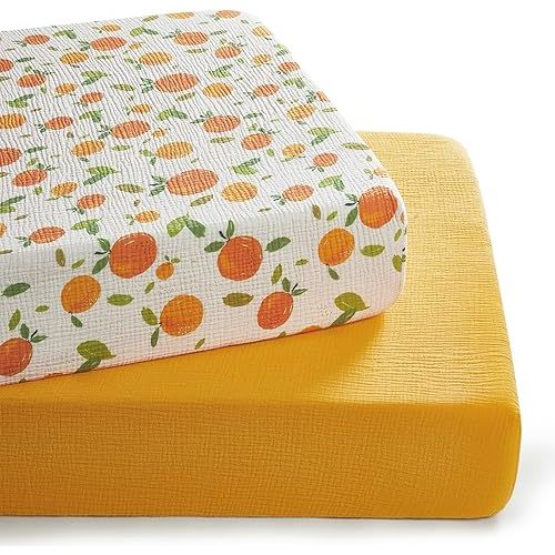 TILLYOU Muslin Crib Sheets for Boys and Girls 2 Pack, Neutral Soft Cotton Baby Crib Mattress Protector, for 52"x 28" Toddler Bed, Orange Flavour & Orange