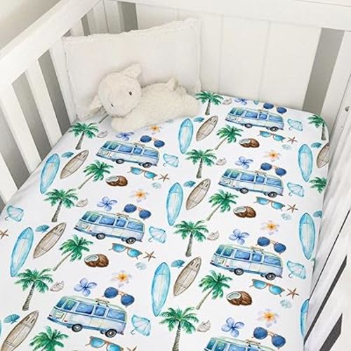 Watercolor Boho Surf Baby Crib Mattress Sheet 52''x28'' Blue Beach Bus Surfboard Palm Trees Flower Snug Fitted Crib Mattress Cover for Boy Girl Soft Baby Bed Sheets for Standard Crib Toddler Mattress