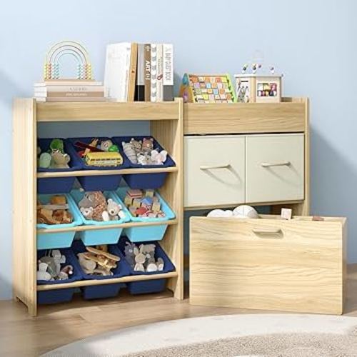 Toy Storage Organizer for Kids, 9-Bin Toy Organizer with 2-Drawers,Movable Toy Chest and Top Rack, Kids Bookshelf and Toy Storage for Playroom, Bedroom, Nursery, Blue