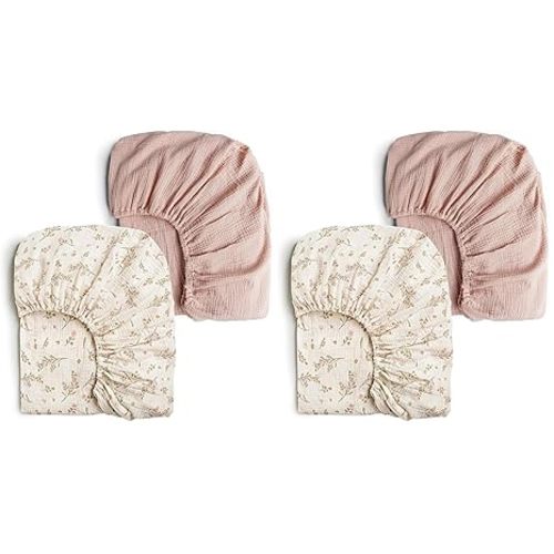 Konssy Muslin Crib Sheets for Girl Boy, 2 PCS Soft and Breathable Cotton Baby Sheets for Standard Crib Mattress, 52"x 28" (Pink Sun,Khaki Leaf)
