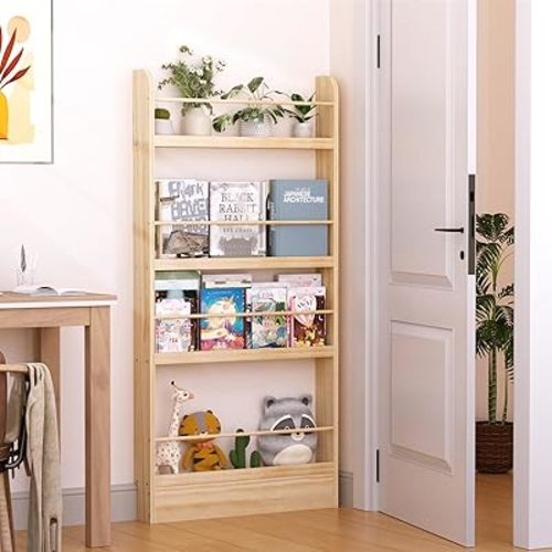 Kids Bookshelf 4-Tier, Behind the Door Shelf, Slim Wall Book Shelf for Kids Rooms, Kids Book Rack Wooden Storage Organizer & Bookecase Child Bookshelves for Books Fits Bedroom/Playroom(Natural)