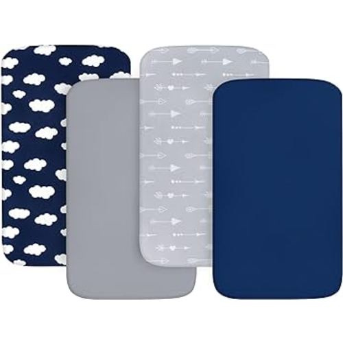 4-Pack Fitted Pack and Play Sheets for Boys and Girls - Breathable, Soft Microfiber Baby Sheets in Grey and Navy
