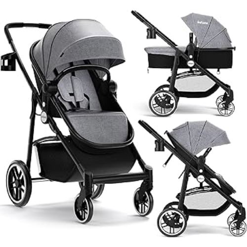 INFANS 2 in 1 Baby Stroller, High Landscape Infant Stroller & Reversible Bassinet Pram, Foldable Pushchair with Adjustable Canopy, Cup Holder, Storage Basket, Suspension Wheels (Grey)