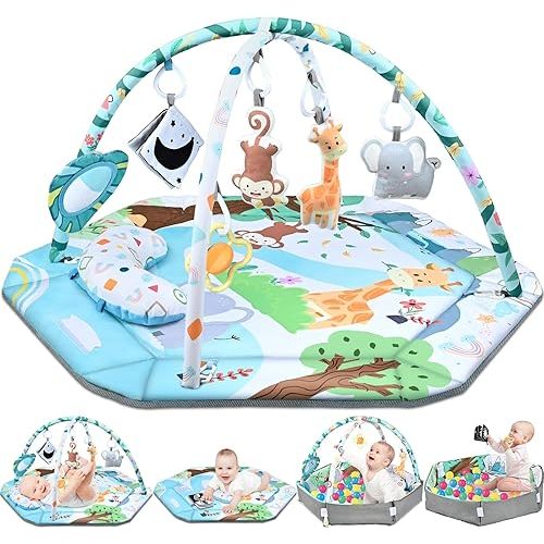 Baby Gym Play Mat, 8-in-1 Tummy Time Mat & Ball Pit with 6 Toys, Washable Baby Activity Play Mat for Visual, Hearing, Sensory, Motor Development, Baby Toys Gift for Toddler Infant 0-3-6-9-12 Months