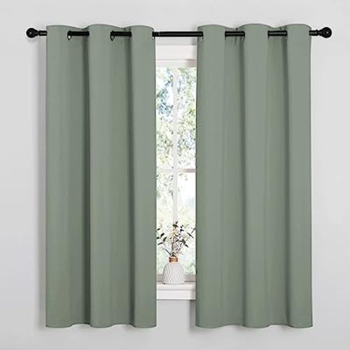 NICETOWN Greyish Green Nursery Essential Thermal Insulated Solid Grommet Top Blackout Short Curtains/Drapes for Son's Room (1 Pair, 42 x 63 inches)