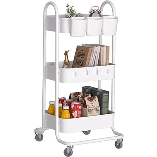 3-Tier Metal Rolling Cart,Utility Storage Carts with Wheels,Art Cart,Craft Cart,Small Roller Cart Organizer for Office Living Room Kitchen Bathroom Laundry (White)