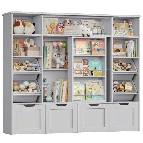 Hiphuta 55"W Kid Toy Storage Organize with Sliding Bookshelf, Kid Bookcase with 4 Removable Drawers, Toy Storage Toy Organize for Kid Bedroom Playroom, Gray