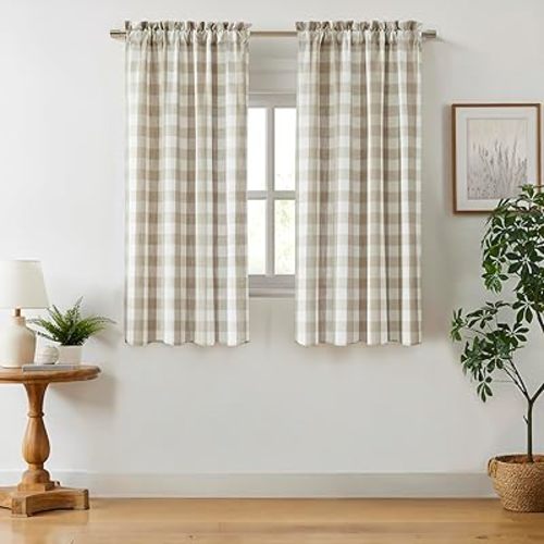 Tan Buffalo Check Window Curtain Panel 54 Inch Long,Beige Buffalo Plaid Gingham Geometric Rod Pocket Window Treatment,Rustic Farmhouse Style Drapes for Bedroom Living Room,40"Wx54"Lx2,Beige