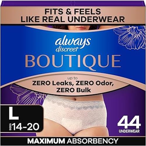 Always Discreet Boutique Incontinence and Postpartum Underwear for Women, Maximum Protection, Large, Rosy, 44 Count (2 Packs of 22)