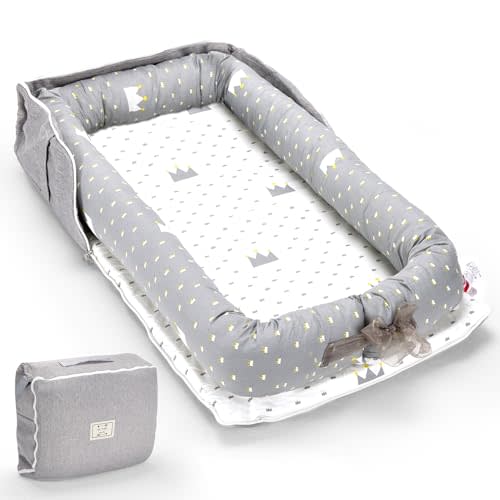 Infant Lounger, Baby Nest for Newborns, Portable Breathable Baby Lounger Adjustable U-Shaped Safety Bumper for Cozy Comfort - Crown Ash