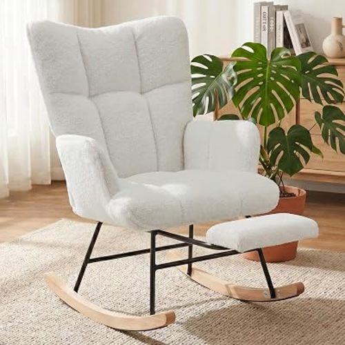 Nursing Rocking Chair, Teddy Fleece Upholstered Glider Rocker with Adjustable Footrest, High Back Rocking Recliner with Side Pocket, Cozy Accent Armchair for Living Room Bedroom (White)