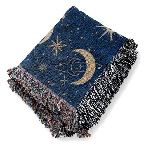 Celestial Woven Blanket, 100% Cotton Tapestry, Moon + Stars Design, Blue Tapestry, Fringed Edges, Gold & Blue Starry Aesthetic Throw Blanket