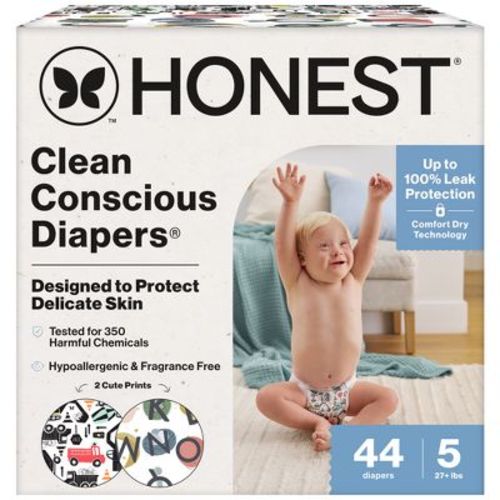 The Honest Company Clean Conscious Diapers Big Trucks + All the Letters - Size 5 - 44 ct: Hypoallergenic, Paraben-Free, Latex-Free, 27+ lbs