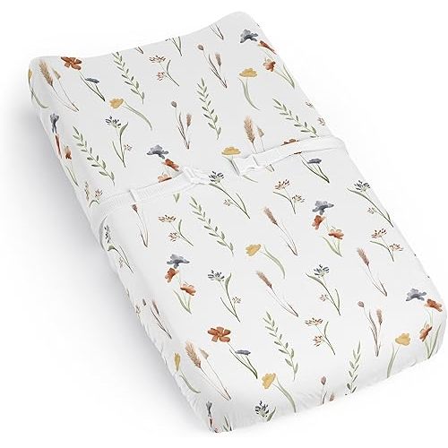 Sweet Jojo Designs Boho Floral Garden Flower Girl Baby Changing Pad Cover Sheet Infant Newborn Diaper Table Change Mat Cover - Watercolor Bohemian Farmhouse Wildflower Vintage Shabby Chic Green Nature