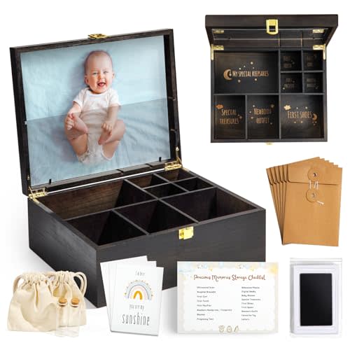 Baby Keepsake Box Wooden with 6 Additional Items - Baby Shower Gifts for Girls Boys New Mom, Newborn Essentials Must Haves Memory Box with Tooth Fairy Tooth Holder, Engraved with Guidelines, Large