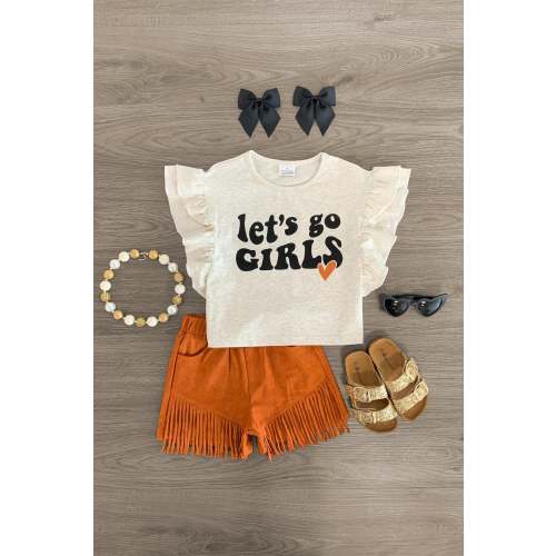 "Let's Go Girls" Rust Fringe Suede Short Set