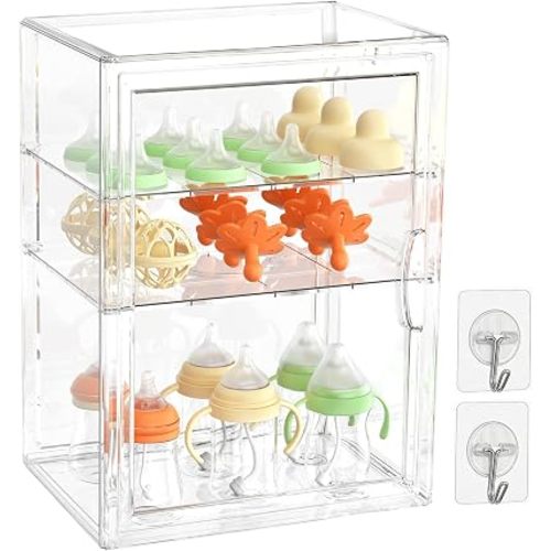 Clear Dustproof Baby Bottle Storage Organizer with Door, 3 Tier Large Capacity Baby Feeding Supply Storage Cabinet