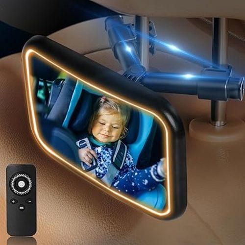 Baby Car Mirror with Light Baby Mirror for Car Seat Rear Facing Hook Clip Design,360° Adjustable Car Seat Mirror for Baby Rear Facing Crystal Clear View, Shatterproof with Remote