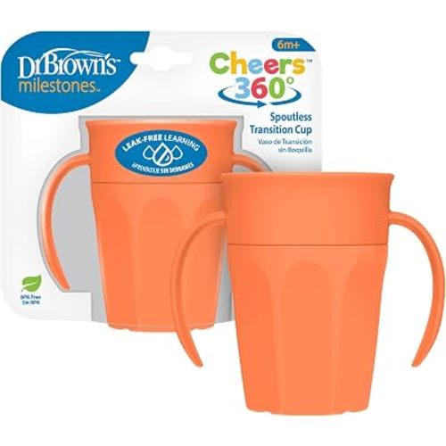 Dr. Brown's Milestones Cheers 360 Spoutless Transition Cup with Handles, Travel Friendly and Leak Free Sippy for Babies and Toddlers, Coral, BPA-Free, 7 oz/200 mL, 6m+