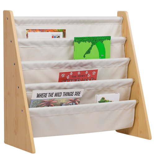 Wildkin Canvas Sling Book Shelf for Boys and Girls, Wooden Design Features Four Shelves - Natural w/ Tan