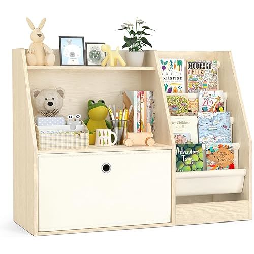 TOETOL Kids Bookshelf & Book Storage，4 Sling Wooden Toddler Book Shelf，2-Tier Wooden Open Bookcase & Storage Organizer Boxes for Nursery, Playroom, Bedroom