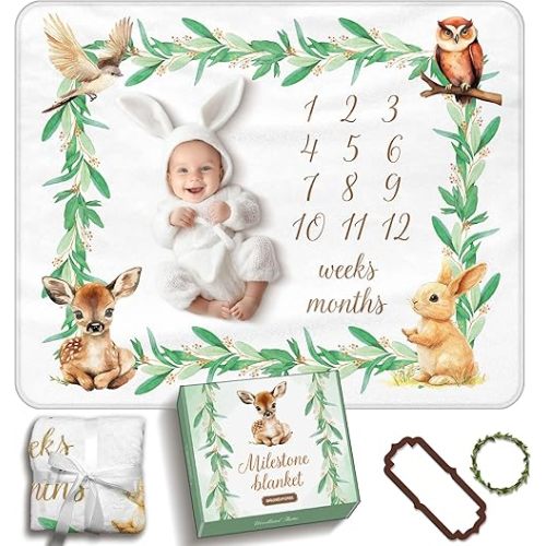 Baby Milestone Blanket Woodland, 50" x 40" Thick Soft Flannel, Gender Neutral, Includes 2 Custom Shaped Markers, Premium Gift Box, Ideal for Monthly Baby Photos and Keepsake Gift