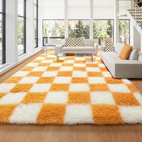 KICMOR 8x10 Area Rugs for Living Room, Large Soft Fluffy Checkered Big Fuzzy Shag Shaggy Carpet for Bedroom, Orange and Cream White Plush Rug for Kids Boys Girls Dorm Nursery Home Decor Aesthetic