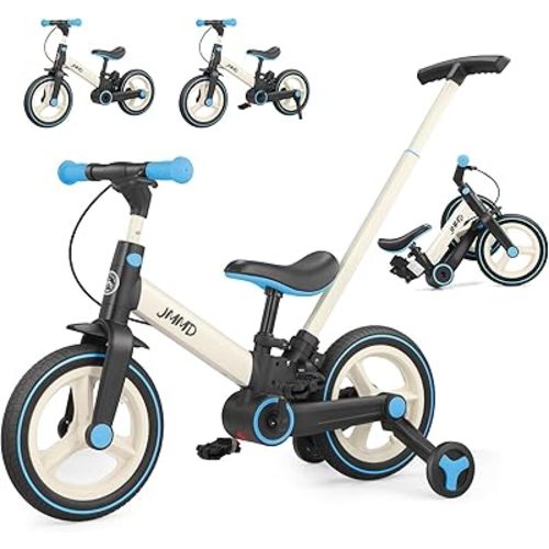 JMMD 6 in 1 Toddler Bike with Push Handle for Kids 18-60 Months, 12" Foldable Balance Bike with Training Wheels, Pedals, Brakes, Kickstand, Push Tricycle Toddler Gift & Toys for Boy & Girl
