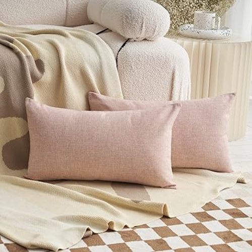 Demetex Pink Linen Pillow Covers 12 x 20, Decorative Pillowcases Set of 2, Rectangle Throw Pillow Covers for Couch Bedroom Girls Mom Gifts, 12x20 inch, Light Pink