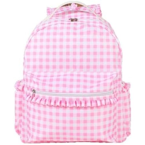Gingham Pattern Backpack with Ruffle Trim, Pink and Blue Checkered, 34cm x 9cm, Large Capacity Suitable for Travel for Girls (pink)