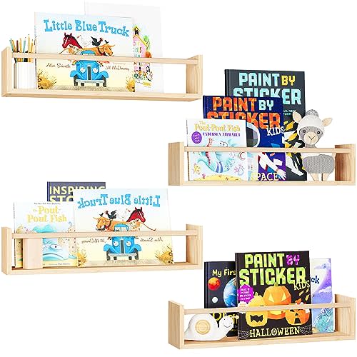 Fixwal Nursery Book Shelves, 16.5 Inch Floating Bookshelves for Nursery Decor & Playroom Decor, Set of 4, Solid Wood Wall Mounted Shelves for Books, Toys and Decor Storage (Natural Wood)