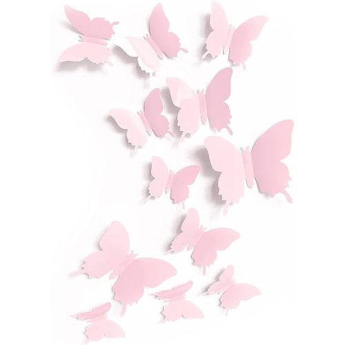 Cute Pink Butterfly Wall Decor 24 pcs, Girls Room Wall Decals, Danish Pastel Aesthetic Butterflies Stickers for Nursery Decorations, Baby Toddler Room Decor for Girls