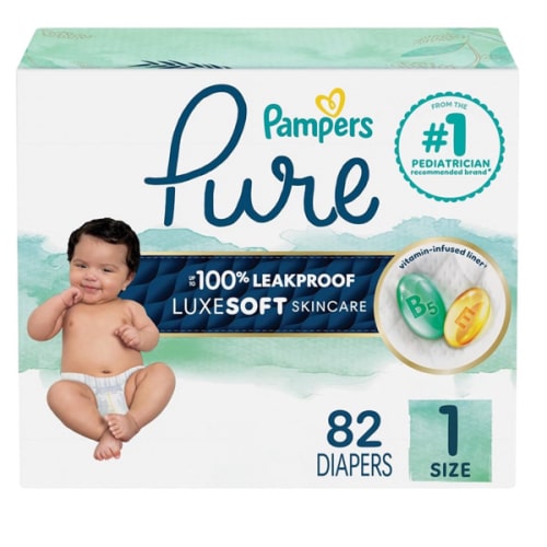 Pampers Pure Protection Baby Diapers, Size 1 (8-14 lbs), 82 Count, Up to 100% Leakproof, Premium Plant-based Skin Protection, Hypoallergenic Soft Diapers