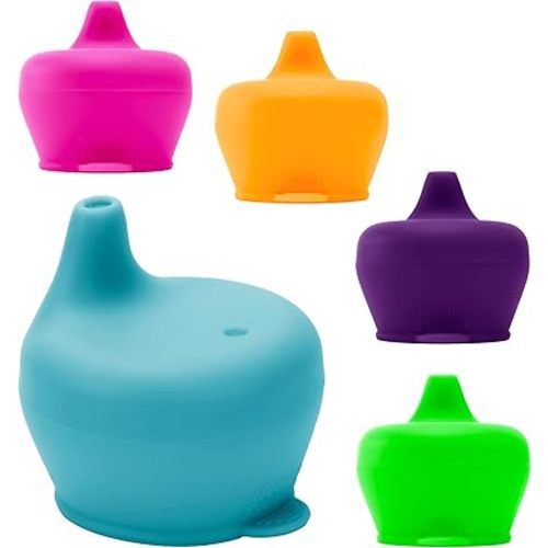 Silicone Sippy Cup Lids - Spill Proof, Fits Any Cup, BPA-Free, Durable & Soft for Babies & Toddlers, Quick to Attach - 5 Pack Silicone Lids for Cups (Purple, Pink, Green, Orange, Teal)