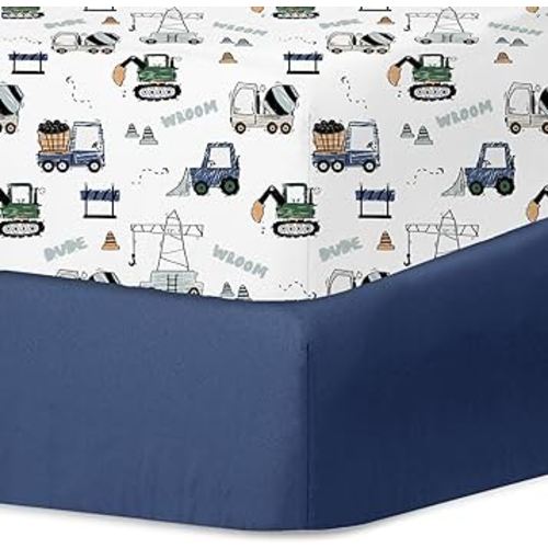Little Grape Land Crib Sheets for Boys and Girls, 2pk Baby Crib Fitted Sheet for Standard Size Crib and Toddler Mattress, Super Soft Baby Sheet (Navy Trucks)