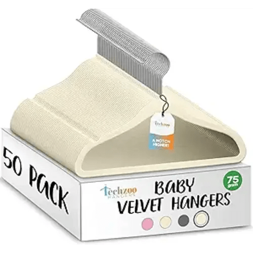 TechZoo 50 Premium Baby Velvet Hangers - 11.8" Non-Slip, Ultra-Slim Space-Saving Children Closet Hangers - 360° Swivel Hook, Strong & Durable Infant & Toddler Clothes Hangers for Wardrobe - Ivory