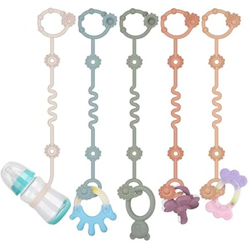 5 Pcs Toy Straps for Baby, Adjustable Stroller Accessories Toy Holder, Prevent Drop Silicone Pacifier Clip, Baby Travel Essential Applicable Sippy Cup (Sage+Ether+Muted+Apricot+Light Grey)