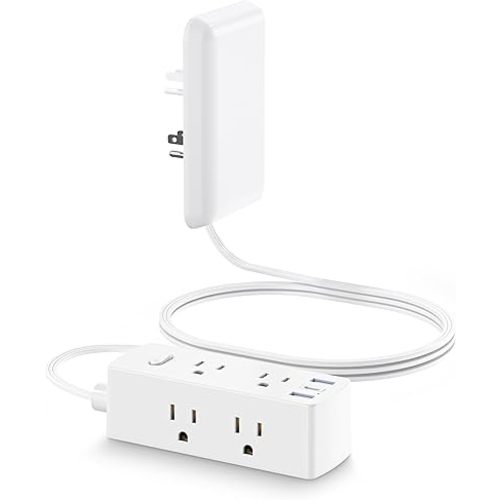 Flat Extension Cord with Outlet Cover, Olcorife Flat Plug Power Strip with 6 Outlets and 3 USB Ports, 2000 Joules Surge Protector, 5 FT Cord Hidden Outlet Extender for Tight Spaces