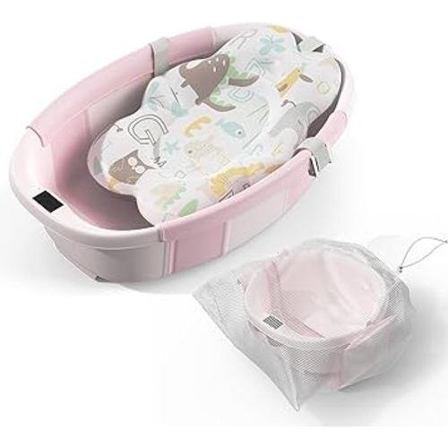 Collapsible Baby Bathtub, 3s to Install, Baby Bath Tub with Soft Cushion & Thermometer, 0-36 Months Newborn Bathtub,Portable Travel Baby Tub, Pink