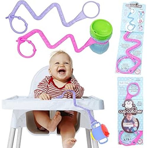 Brilli Baby Cup Catcher Patented Safety Tether Strap, Attach Sippy Cups, Bottles, Pacifiers & More to Stroller, High Chair, Car Seat, Made in USA, Food Grade, Dishwasher Safe (Lavender & Pink)