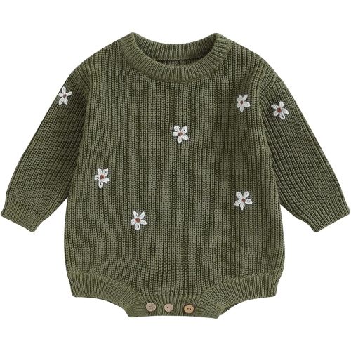 Newborn Baby Girl Knitted Sweater Romper Long Sleeve Embroidery Floral Onesie Bodysuits Warm Fall Winter Clothes