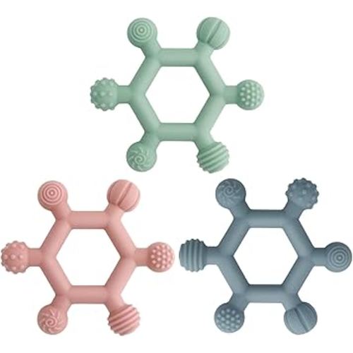 3 Pack Baby Teething Toys, BPA-Free Silicone Baby Teether Toys Teething Relief, Chew Toy for Babies 6-24 Months (Green & Blue & Pale Pink)