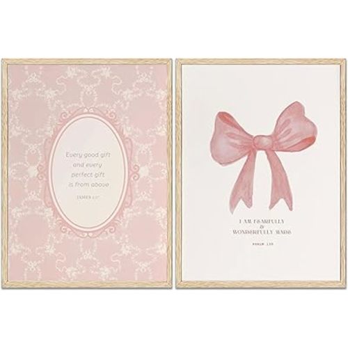2pcs Pink Bow Wall Art Bible Verse Scripture Canvas Coquette Prints Aesthetic Trendy Posters Every Good And Perfect Comes From Above Pictures Bow Christian Wall Decor For Bedroom Living Room Unframed