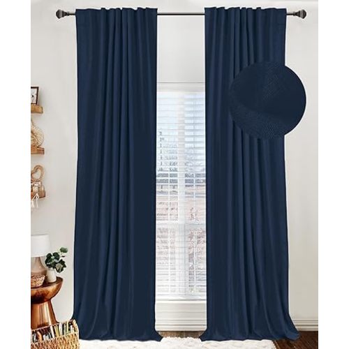 100% Blackout Shield Linen Blackout Curtains for Bedroom 72 Inches Long, Back Tab/Rod Pocket Living Room Drapes, Thermal Insulated Blackout Curtains 2 Panels Set, 50" W x 72" L, Midnight Blue