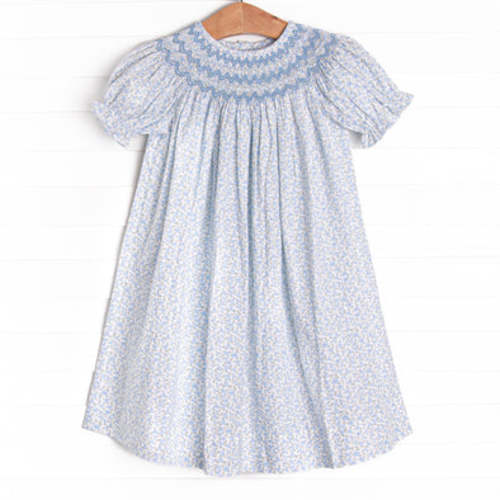 Blue Blooms Puff Sleeve Smocked Dress, White – Stitchy Fish
