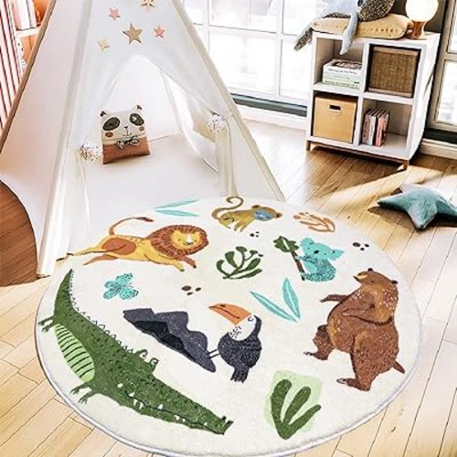 WREWING Round Rug 3.3ft, Cute Animals Large Non Slip Super Soft Plush Area Rug for Kids Room Playroom Nursery Bedroom, Educational Washable Circular Floor Mat for Home Room Decorative (Zoo)