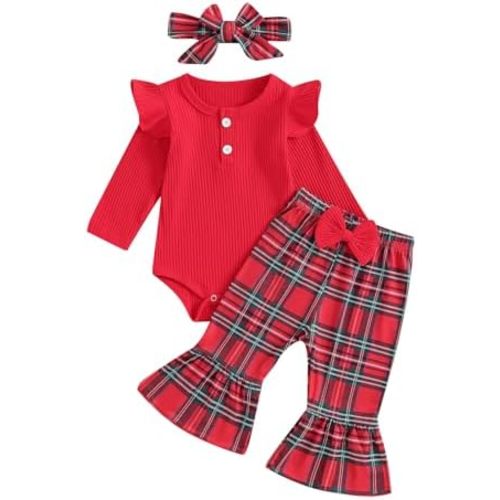 fhutpw Newborn Baby Girl Clothes Infant Rib Frill Long Sleeve Romper Flared Pants Headband Set 3pcs Fall Winter Outfits