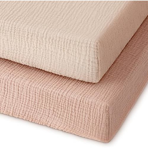 Muslin Pack and Play Sheets Fitted, 100% Cotton Mini Crib Sheets 2 Pack for Pack N Play Mattress, Stretchy Playard Sheet, Soft and Breathable Gradient Pink
