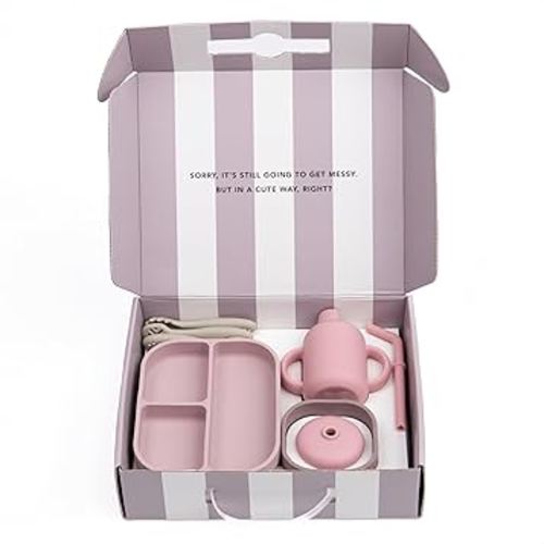 Bella Tunno Little Bites Bundle – Baby Feeding Set and Baby Led Weaning Supplies with 1 Baby Bowl, 1 Baby Plate, 3 Baby Utensils, 1 Cup, 2 Lids, 100% Food-Grade Silicone (Magic Meadow)