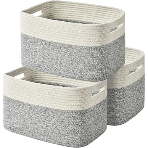 Storage Basket,Woven Baskets for Storage,Cotton Rope Baskets for Organizing,decorative Baskets for Shelves,book Basket,towel Basket,Toy Basket or Storage Bins for Living Room - 3 Pack,Grey